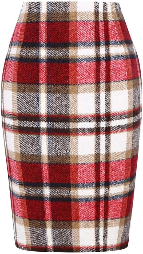 IDEALSANXUN Plaid Skirts for Women Fall Winter Knee Length Pencil Wool Skirt with Slit (Large, Wine)