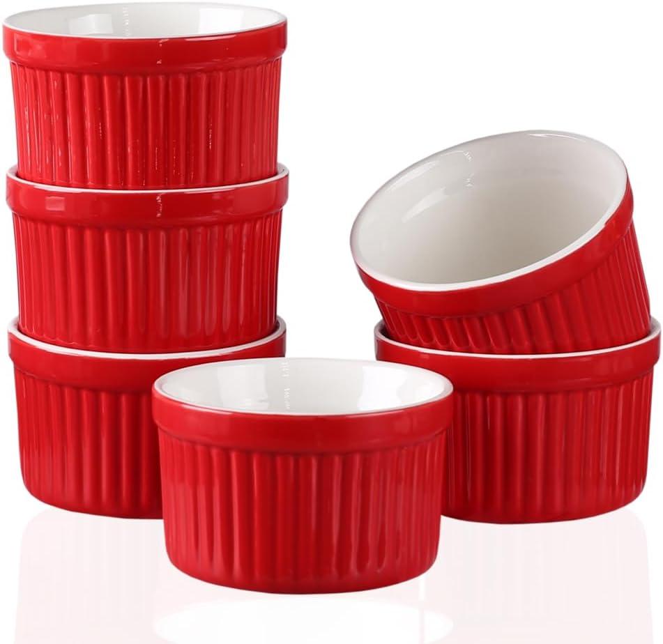 YAZYLIFE Ramekins 4oz, Creme Brulee Ramekins and Souffle Dishes, Porcelain Oven Safe Baking Bowls, Pudding Cups, Dipping bowl, Set of 6, Red