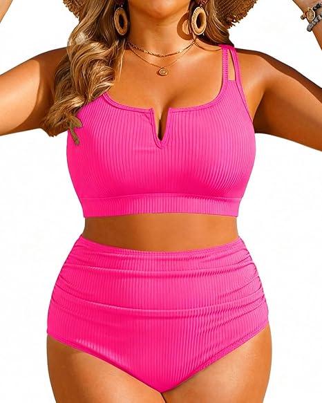 Women Plus Size High Waisted Bikini - Ribbed Two Piece Swimsuit Tummy Control Bathing Suit V-Wired 2025 Swimwear 18 plus