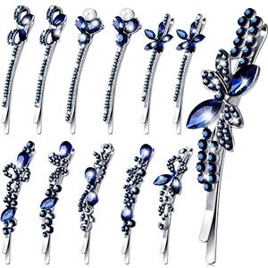 Hanaive 12 Pcs Vintage Crystal Rhinestone Hair Pins Bridal Side Clip for Bride Bobby Pins Hair Jewelry Accessories Bling Diamond Butterfly Barrettes for Wedding Women(Navy)