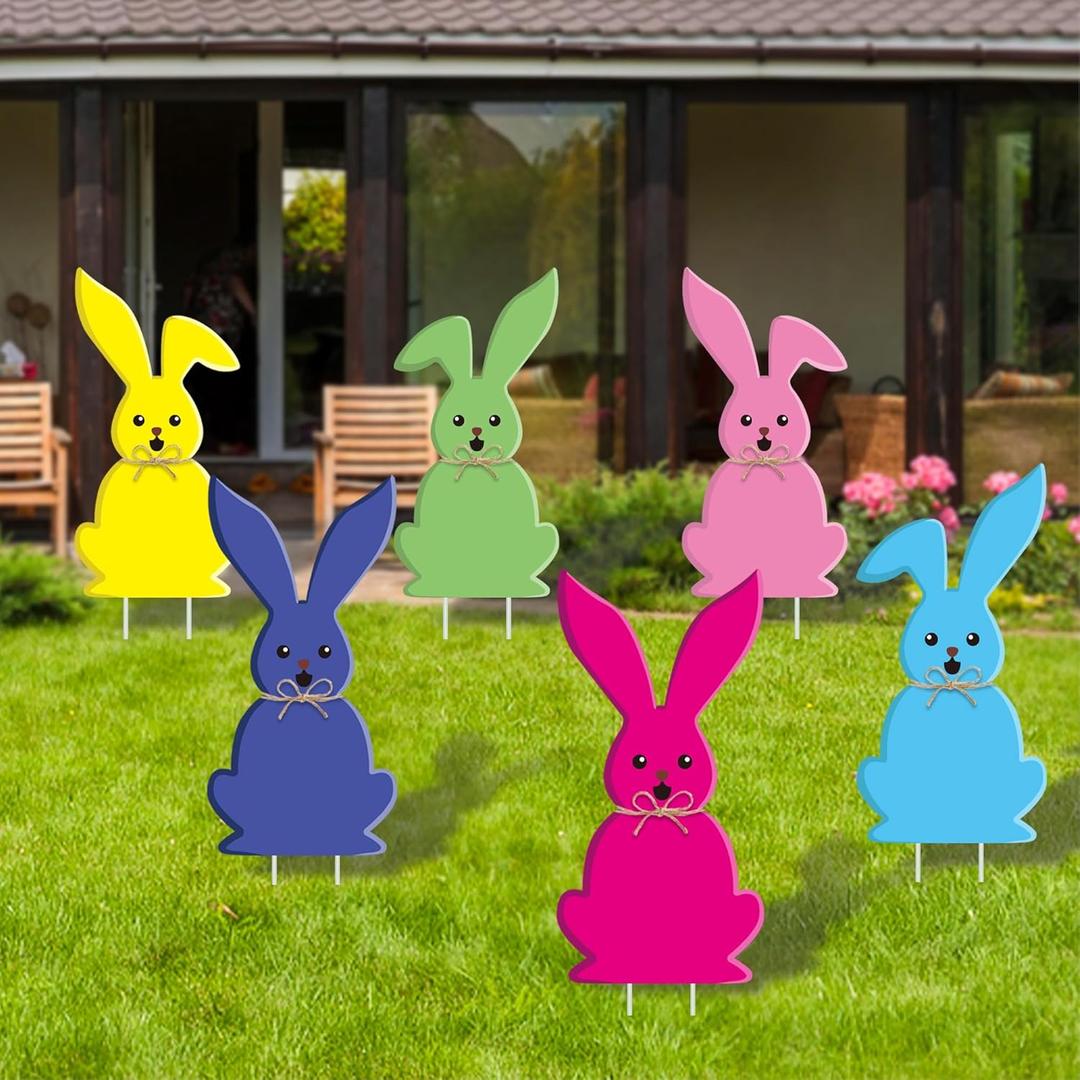 Easter Decorations Outdoor, 6 PCS Easter Bunny Yard Signs with Stakes, Happy Spring Yard Lawn Decor, Spring Props Party Supplies