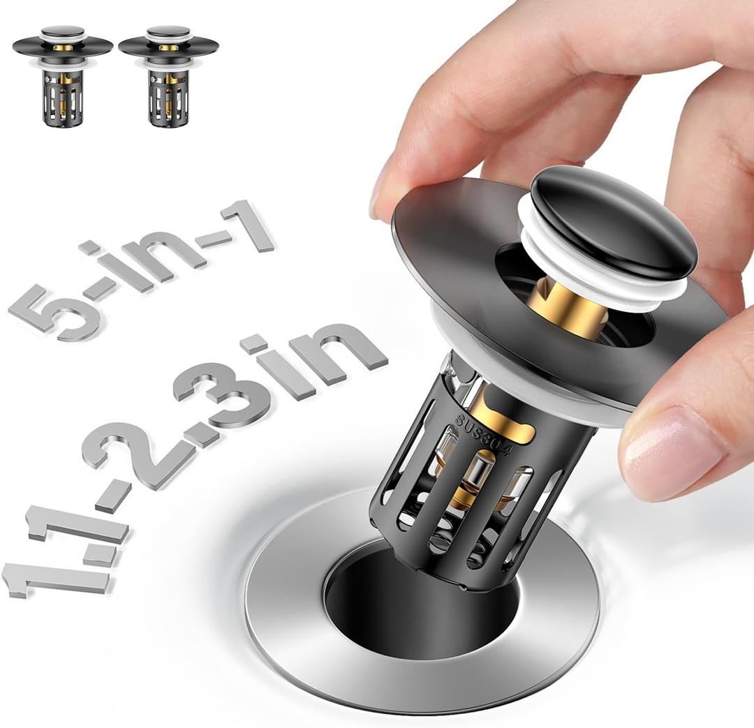 (2 Pc) Bathroom Sink Stopper-All Metal Sink Stopper-Universal Fit 99% Bathroom Stopper with Removable Stainless Steel Hair Catcher- Basin (1.1'' to 2.36'' inch) - Black