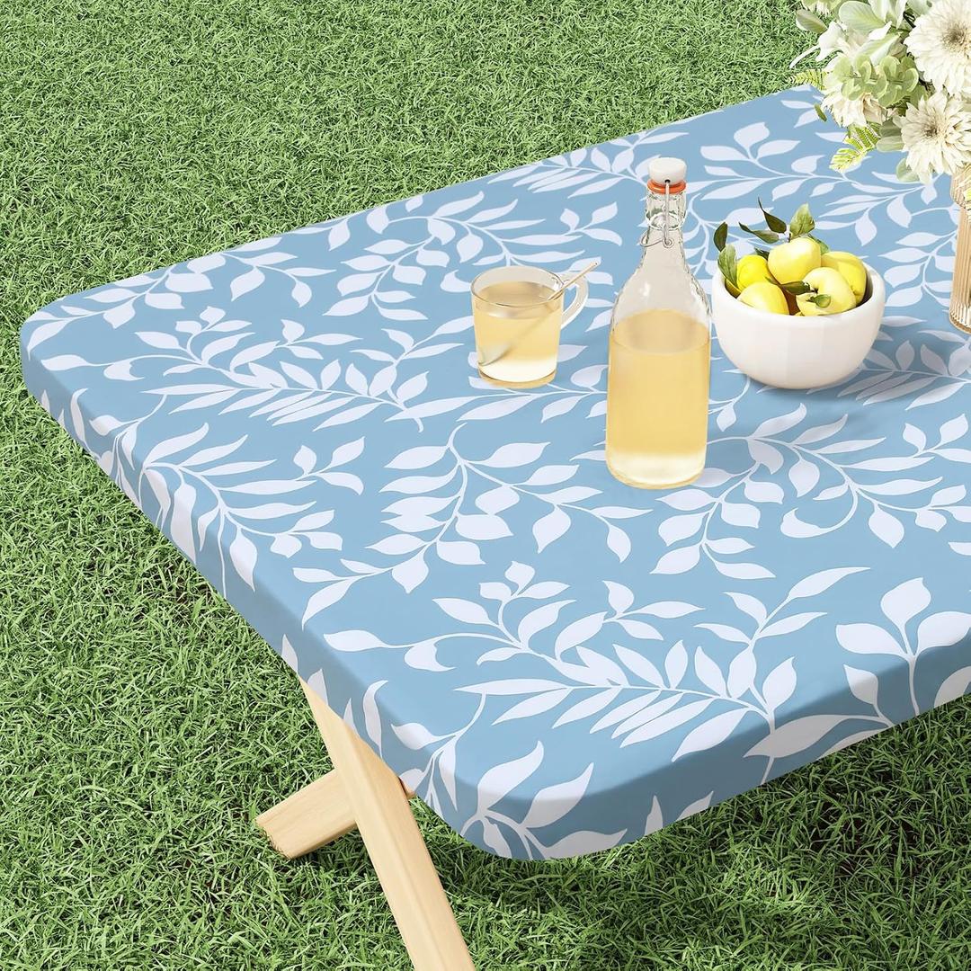 misaya Rectangle Vinyl Tablecloth, Fitted Table Cover, 100% Waterproof, Elastic Edge, Flannel Backing, Plastic Table Cloth Fit 5 Foot Folding Tables for Picnic, Camping (Blue Leaves, 30x60 inch)