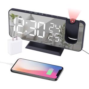 Projection Alarm Clock for Bedroom Ceiling Digital Radio with USB Charger Ports, 7.3" Large LED Screen, 4 Dimmer, Dual Alarm Clock with 2 Sounds, Snooze, Black