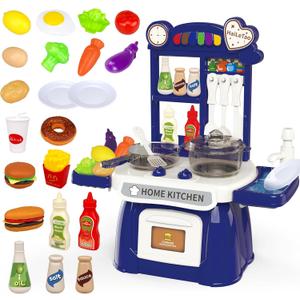 Kitchen Set for Toddler with Sound and LightPretend Cooking Food Set,Kids Kitchen PlaysetPlay Sink with Running Water and Electronic Induction StoveKitchen Accessories (Lyons Blue Kitchen)