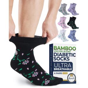 Pembrook Bamboo Viscose Diabetic Socks for Women & Men - 6 Pairs | Breathable Wide Non Binding Plus Size Socks | Loose Fit, Medium, Flowers - 6 Pairs