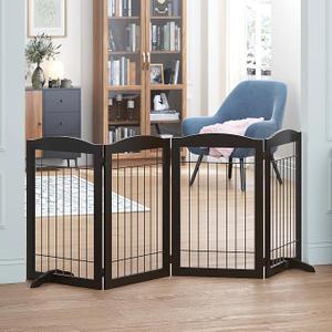 Spirich Free Standing Foldable Wire Pet Gate for Dogs, 80 inches Extra Wide, 30 inches Tall 4 Panels Dog Gate for the House, Doorway, Stairs, Pet Puppy Safety Fence,Set of Support Feet Included, Black 