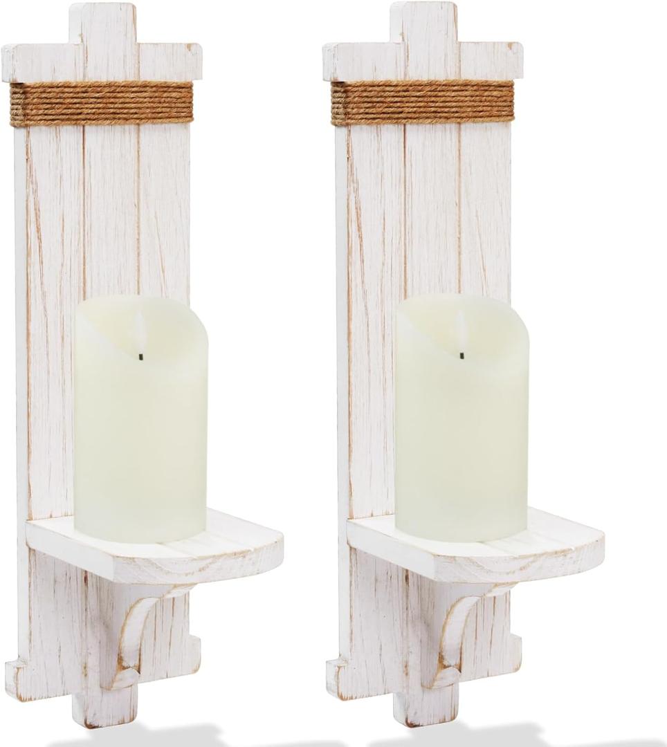Homemory Wall Sconces Candle Holder Set of 2, Farmhouse Wooden Rustic Wall Decor for Living Room, Dining Room, Bedroom, Bathroom (White)