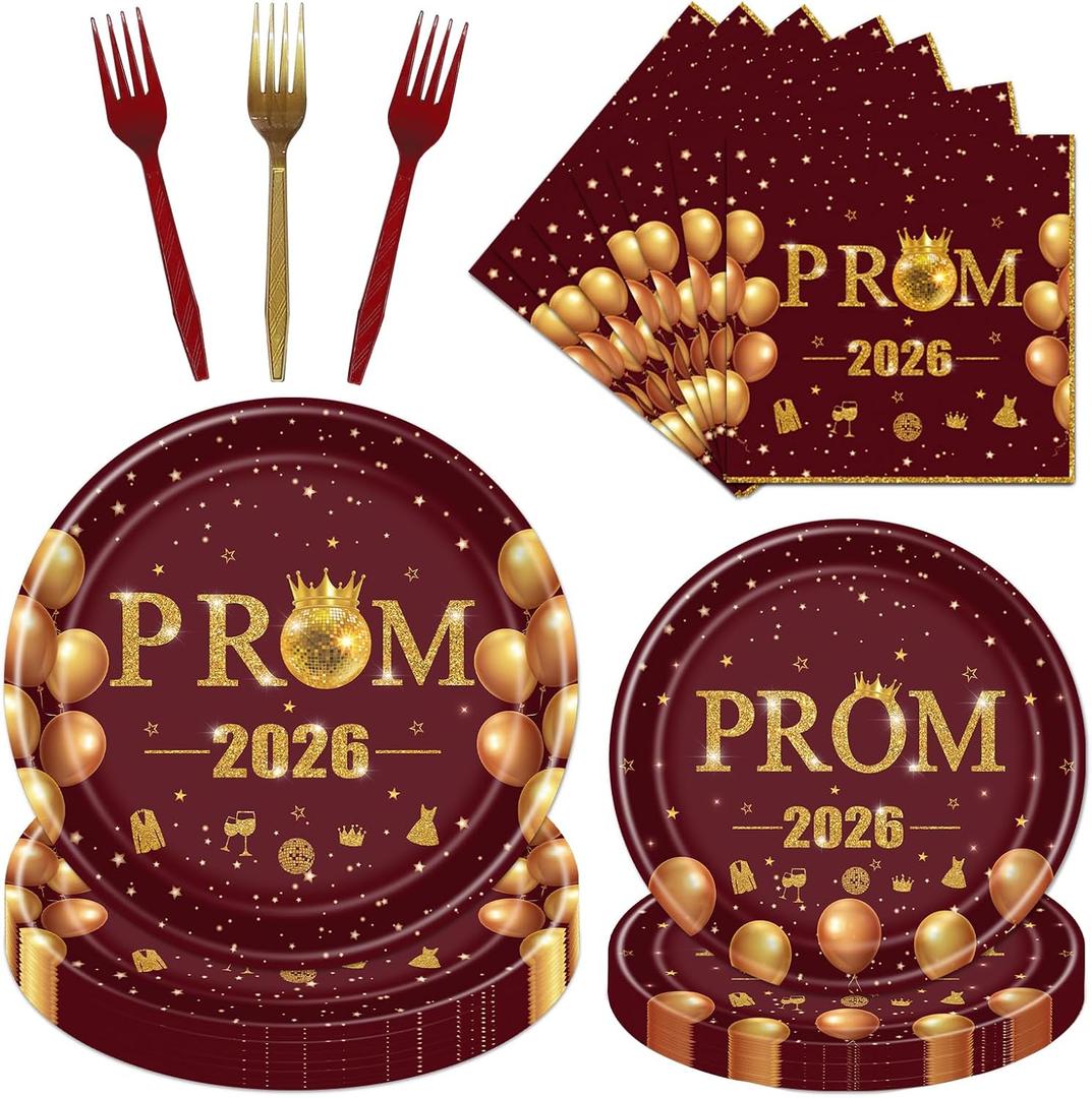 Prom Graduation Decorations 2026 - 96 Pcs 2026 Graduation Decorations Party Supplies, Red Golden Plates Napkins Forks Tableware Set for Prom Table Decor, Graduate Party Decor 24 Guests