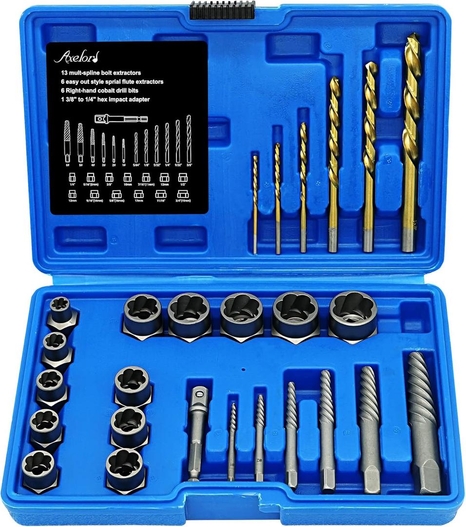 Screw Extractor Set, 26 Pieces Bolt Extractor Kit & Left Hand Drill Bit Kit, Easy Out Bolt Extractor Set with Hex Adapter for Broken, Damaged, Rusted, Rounded-Off Bolts, Nuts & Screws