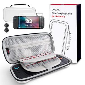 CoBak Large Capacity Carrying Case for Nintendo Switch 2 (2025) - 3 in 1 Accessories Bundle with 2 Screen Protectors, Thumb Grip Caps, 24 Game Cartridges, Hard Shell Portable Travel Pouch, White
