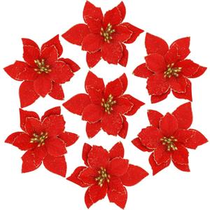 Nydotd 36pcs Glitter Poinsettia Christmas Tree Ornament, Artificial Poinsettia Flowers Decorative Artificial Flowers for Christmas Tree Wedding Decorations Xmas Tree Wreaths (Red)