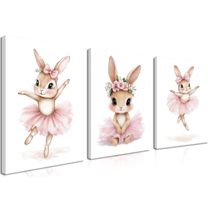Baby Girl Nursery Wall Decor, Easter Nursery Canvas Wall Art Paintings Set of 3, Cute Animal Pink Bunny Posters Prints Pictures for Boys and Girls Room, Bedroom, Home Decor 12x16 In Framed