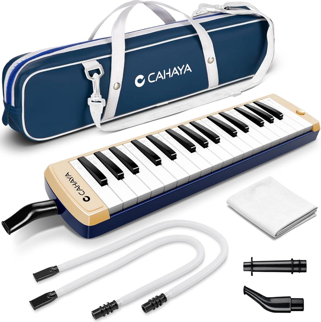 CAHAYA Melodica Instrument 32 Keys: Double Tubes Mouthpiece Air Piano Keyboard Musical Instrument Gift with Carrying Bag Beige Blue