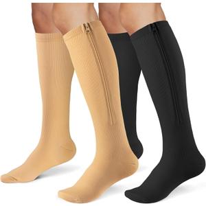Zipper Compression Socks for Women & Men 2 Pairs,15-20mmhg Closed Toe Compression Stocking is Best for Athletic Running,Hiking (Large-X-Large, black beige)