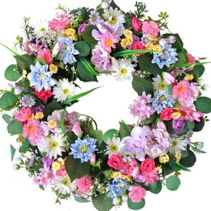 Bibelot 22" Spring/Summer Wreaths for Front Door, Artificial Floral Wreath with Daisies Carnations Wildflowers Eucalyptus Hello Spring Sign for Wall Window Farmhouse Party Holiday Home Dcor