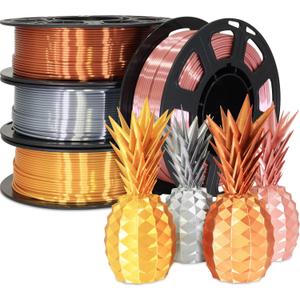 1.75mm 4 Spools Silk PLA 3D Printer Filament Bundle: Shiny Metallic Gold/Silver/Copper/Rose Gold, Each Spool 250g, Widely Fit for 3D Printer/Pen, Total 1Kg 3D Printing Filament Material