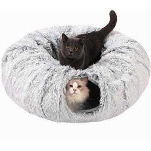 CLKHOWL Cat Tunnel Bed for Indoor Cats - Cute Cat Donut Tunnel with Washable Circle Cushion, Round Pet Play Toy for Kitten/Puppy/Rabbit, Grey