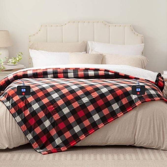 Westinghouse King Size Heated Blanket, Soft Flannel to Sherpa Electric Blanket with Dual Control 10 Heating Levels & 1 to 12 Hours Auto Off, Fast Heating, Machine Washable, 100 * 90 Inch, Red