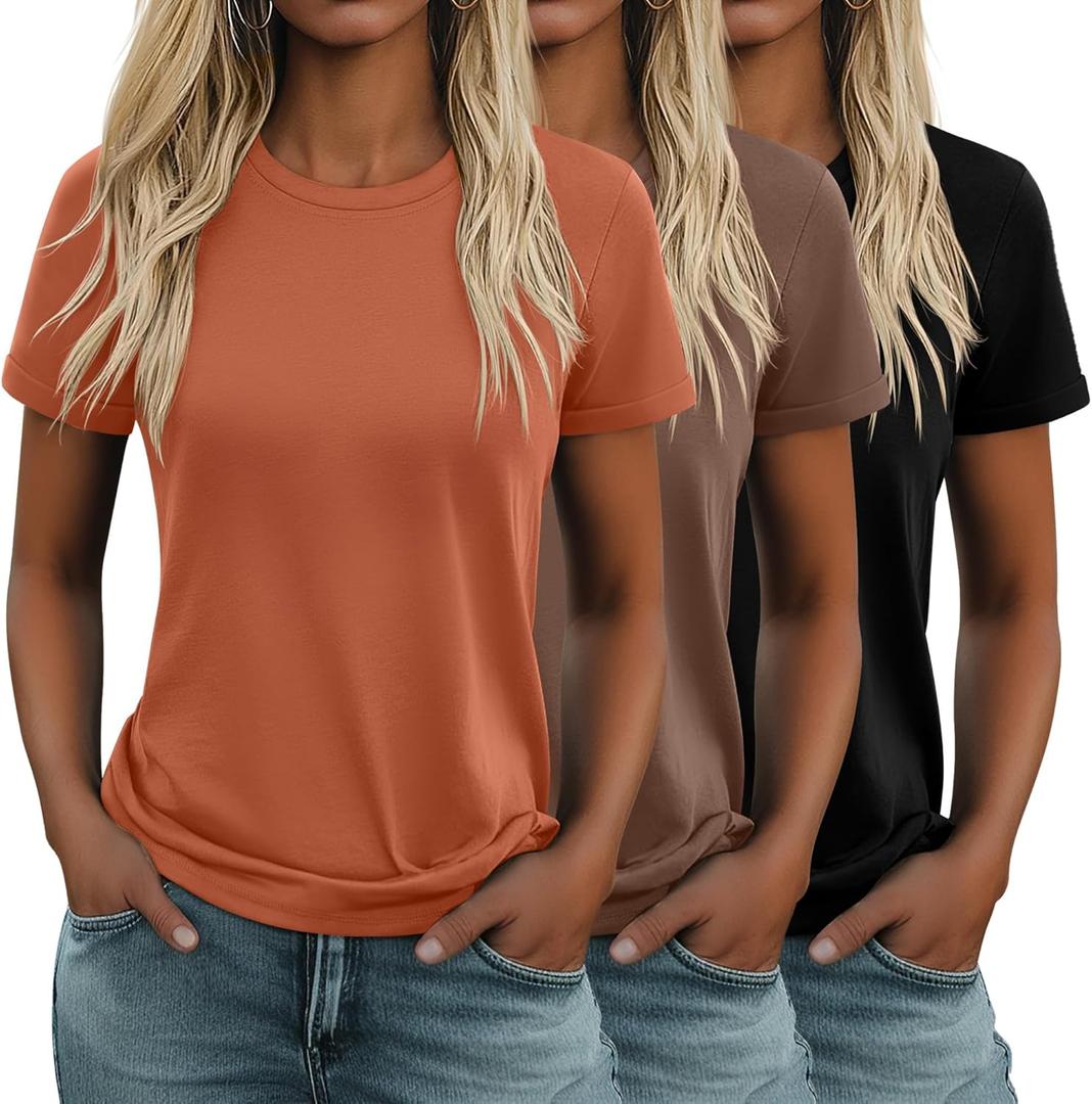 Huukeay 3 Pack Women's Cotton T Shirts Casual Short Sleeve Tunic Tops Crewneck Summer Loose Fit Plain Basic Tee, XL