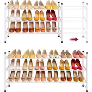 Tajsoon Expandable Shoe Rack for Closet 3 Tier, 28-41Adjustable & Stackable Shoe Shelf Storage, Metal Shoe Rack Organizer for Front Door Entrance, Closet, Garage, Entryway, White