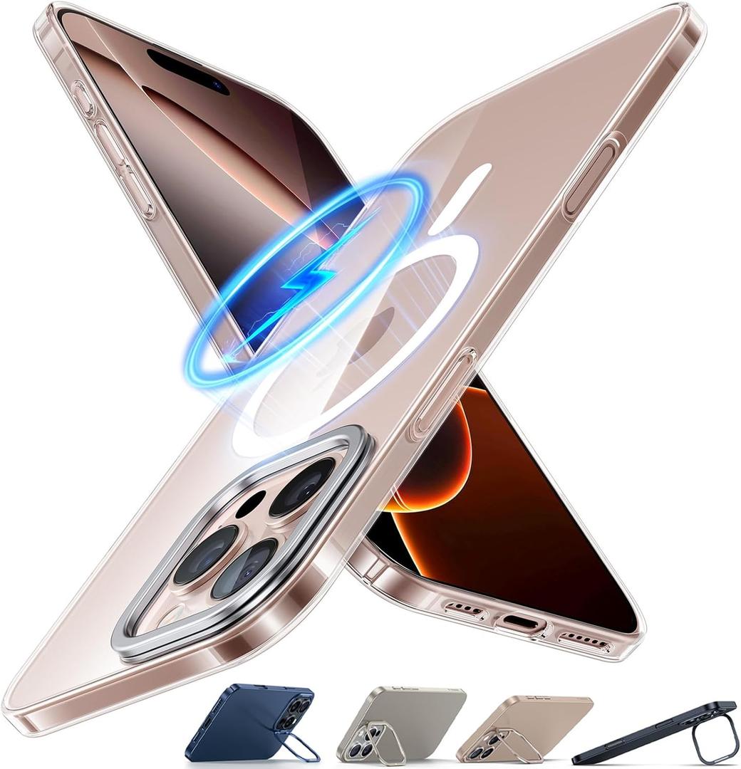 TORRAS Magnetic Slim Fit for iPhone 16 Pro Max Case with Stand, Compatible with MagSafe, Built-in Stash Stand, Ultra Thin 16 ProMax Case, Lightweight Non Yellowing Hard Back 16 Phone Case 6.9'', Clear (5-Diamond Clear)