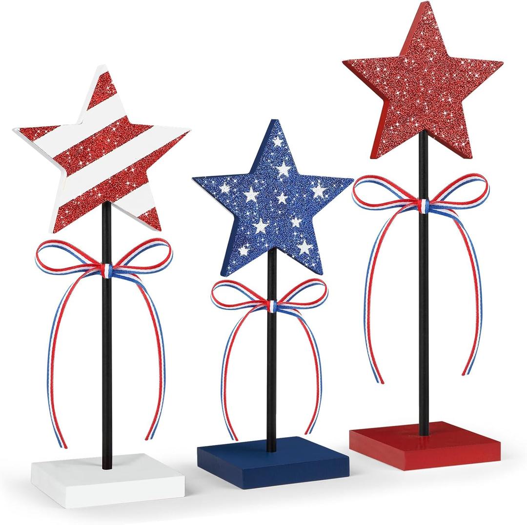 4th of July Tiered Tray Decor Wooden Star Set, 3 Pcs Memorial Day Table Decorations, Rustic Patriotic Tabletop Home Decor, Red White and Blue Decorations for Home (Shiny)
