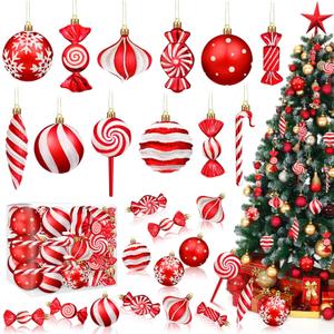 Christmas Ornaments Candy Lollipop Set -48Pcs for Xmas Tree Decoration Hanging Plastic Gloss Candy Canes Ball Pendants for New Year Home Decor Party Supplies (Red)