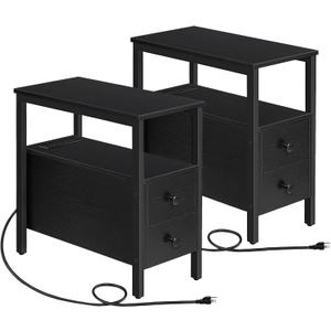 HOOBRO Set of 2 End Tables with Charging Station, Narrow Side Table with Drawers & USB Ports & Power Outlets, Nightstand for Small Spaces, Living Room, Stable and Sturdy, Black BK541BZP201