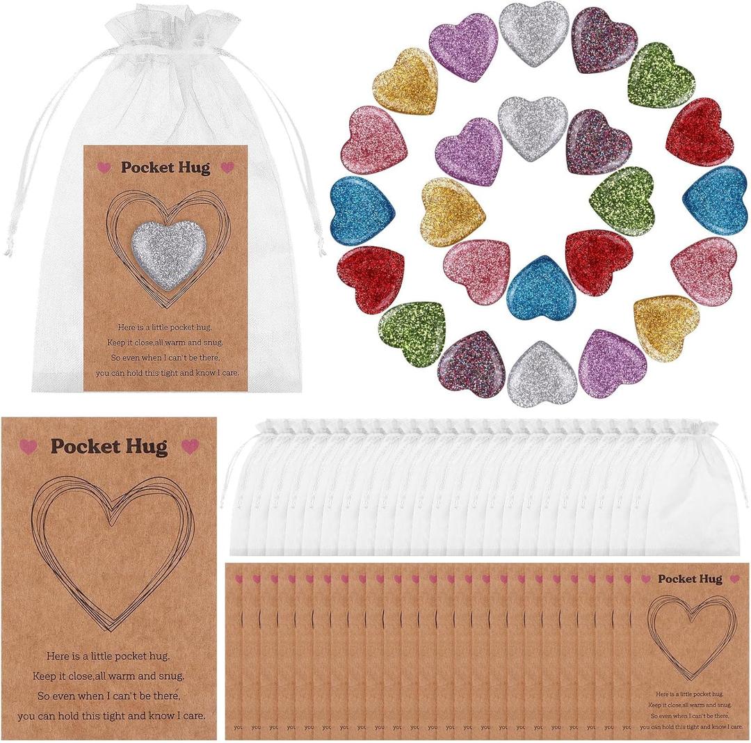 96 Sets Pocket Hug Token Bulk Natural Heart Crystals with Hug Cards and Organza Bag Pocket Hug Heart Stones Inspirational Greeting Cards Exchange Gift Thank You for Women Friend Colleagues Famil