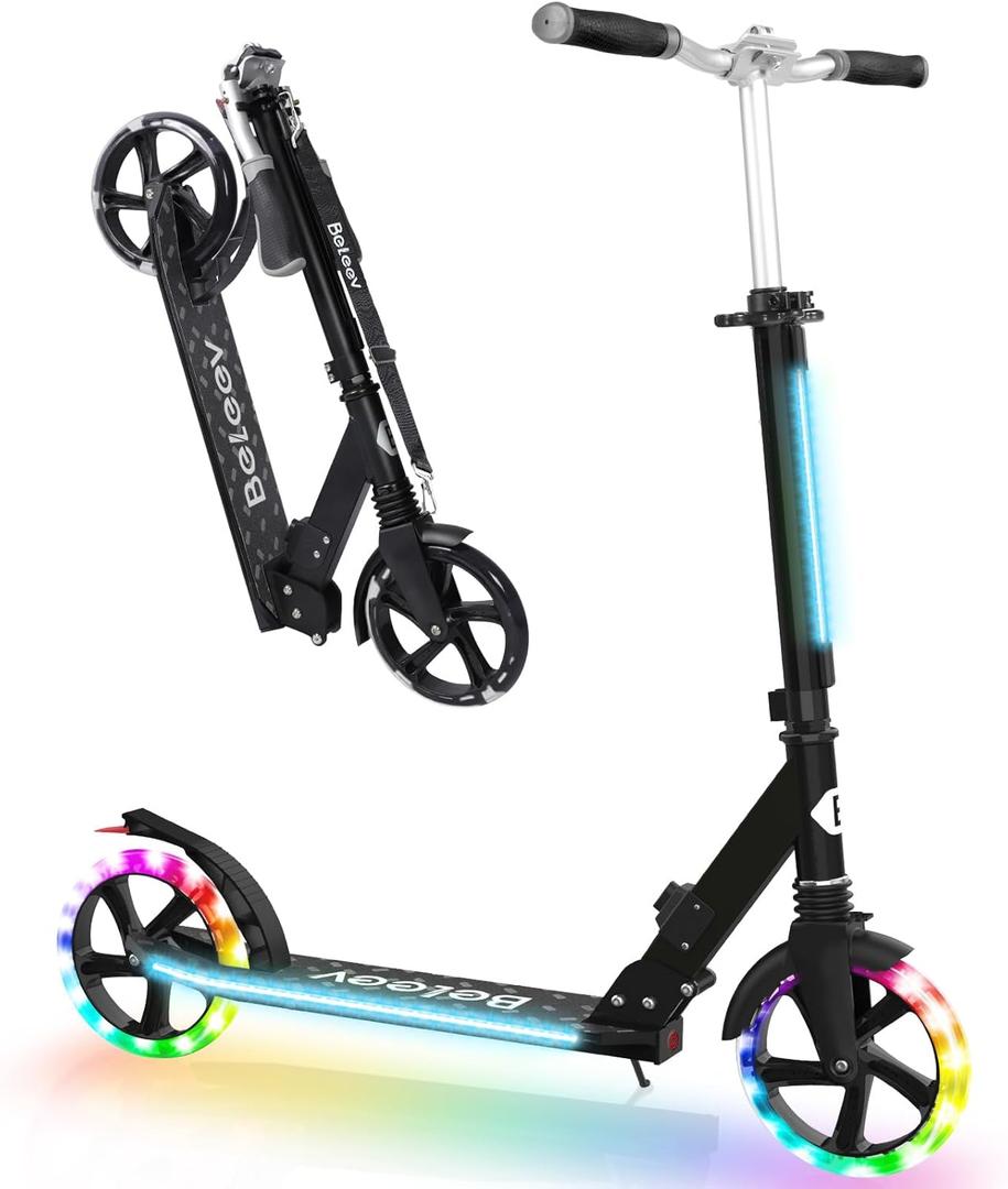 BELEEV V8 Scooters for Kids Ages 6+ with Light-Up Deck, 2 Wheel Folding Scooter for Adults Teens, 4 Adjustable Height, Lightweight Sport Commuter Scooter, Sturdy Frame, Max Load 220 lbs (Black)