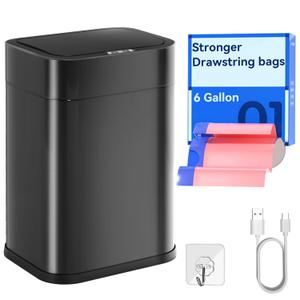 Kitchen Trash Can Automatic Touchless with 360 Motion Sensor & Silent Close Lid 6 Gallon Stainless Steel Auto-Adsorption Smart Bathroom Garbage Cans with Pre-Cut Drawstring Bags (Black)