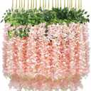 U'Artlines 24 Pack(Total 43.2 Feet) Artificial Fake Wisteria Vine Rattan Hanging Garland Silk Flowers String Home Party Wedding Decor (24, Light Pink)