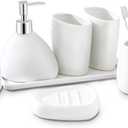 Ceramic Bathroom Accessory Set, 7 Pieces Countertop Accessories, Include Soap Dispenser, Toothbrush Holder, 2 Tumbler Cup, Soap Dish, Plastic Vanity Tray, Qtip Holder (White)
