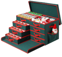 Christmas Ornament Storage Box, Stackable Organizer with Lid and Pockets, Side Open, 8 Trays, 128-3" Holiday Ornament Container with Removable Trays and Adjustable Dividers, Green