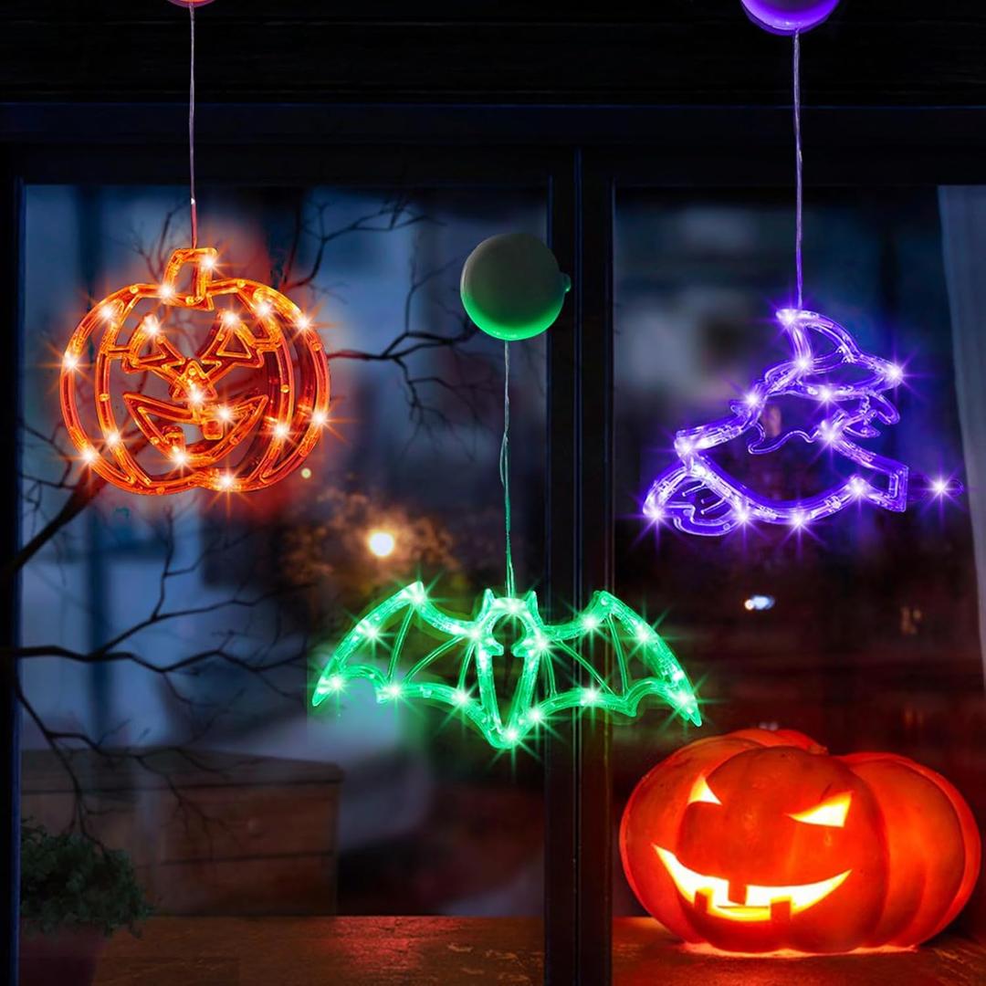 Halloween Decorations 3 Pack Orange Pumpkin Green Spider Purple Witch Hat Lights with Suction Cup Battery Operated Halloween Lights,Slow Fade Mode & Timer for Windows, Bedroom, Porch
