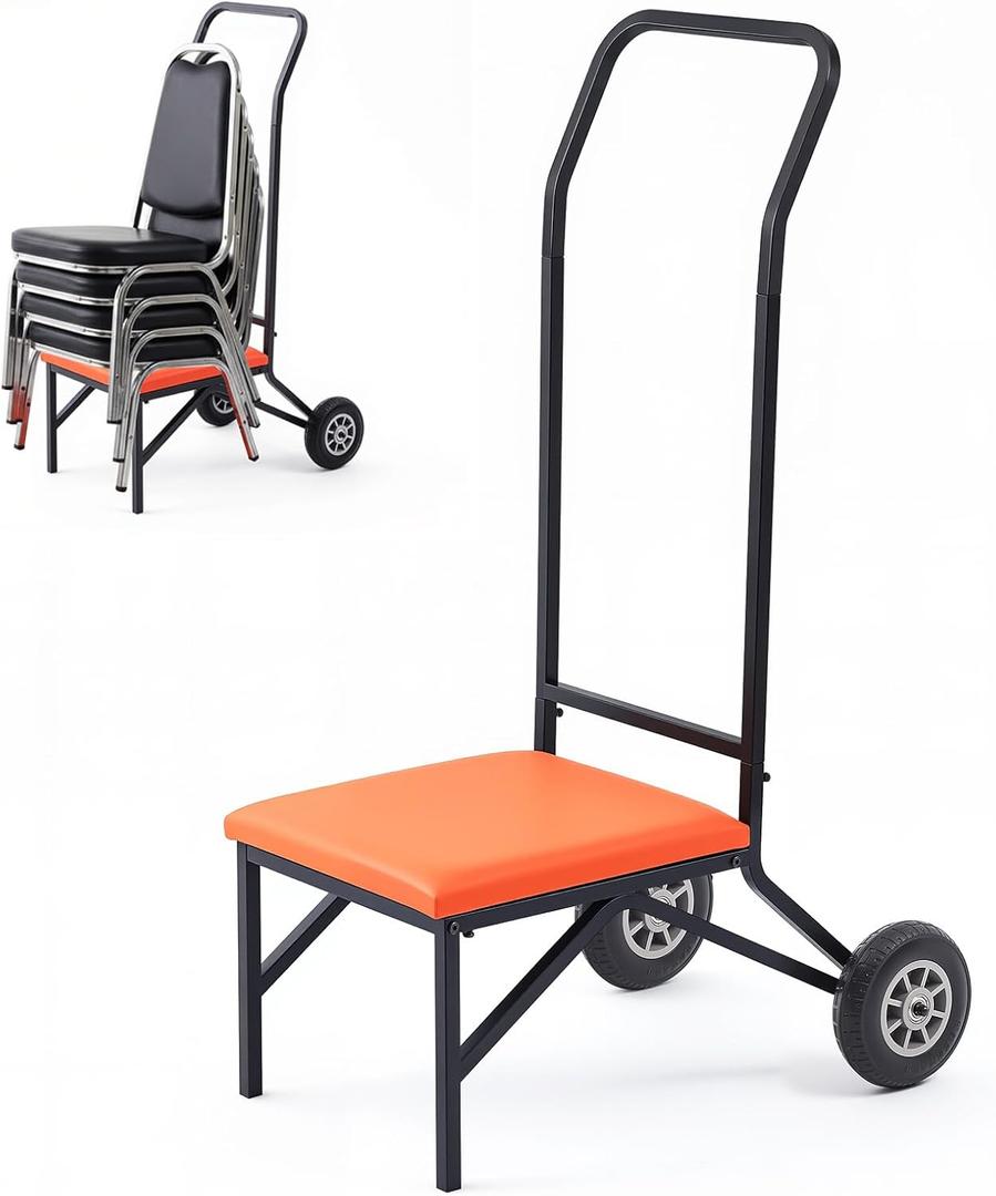DaisyInner Heavy Duty Stacking and Banquet Chair Dolly Hand Truck with Oversized Rubber Wheels and Orange Cushion for 8-10 Chairs Coated Iron Transport Cart for Events Party Hotels Church