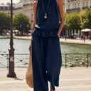 Tanming Women's Linen 2 Piece Outfits Sleeveless Ruffle Top Wide Leg Pants Summer Loungewear Beach Travel Sets S