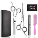 Hair Cutting Scissors Thinning Shears- Fcysy Professional Barber Sharp Hair Scissors Hairdressing Shears Kit with Haircut Accessories in Leather Case for Cutting Styling Hair for Women Men Pet- 7 Pcs (Black)