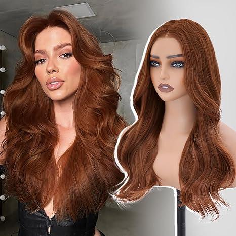 WECAN Auburn Glueless Wig Synthetic Lace Front Wig 13X4 HD Wave Wigs Heat Resistant Wigs