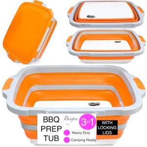 XL Collapsible BBQ Prep Tub with Lid - 3 in 1 Collapsible Tub & Portable Cutting Board Container for Marinating, Camping, Meat Storage - Space-Saving, Foldable Tray for Kitchen and Outdoor, 11.8"L x 7.9"W