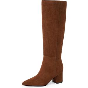 Knee High Boots for Women Chunky Heel Pointed Toe Boots Side Zipper Long Boots (9, Brown Suede)