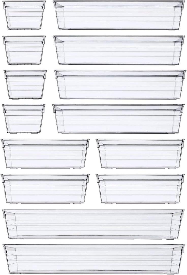 14 PCS Clear Plastic Drawer Organizer Tray for Makeup, Kitchen Utensils, Jewelries and Gadgets