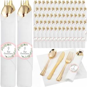Pink 25 Pack Blue First Communion Decorations Pre Wrapped Silverware Set Disposable Serves 25, Gold Napkins Knives Forks and Spoons Baptism Party Utensils for Christening Celebration Party