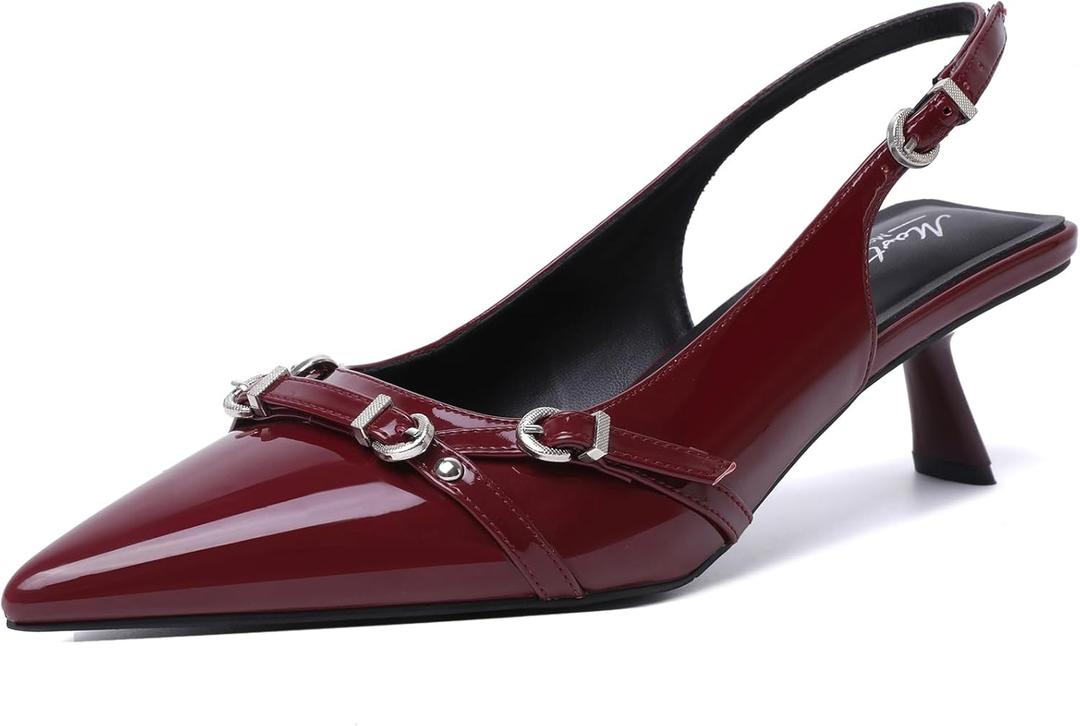 Mostrin Kitten Heels for Women Pointed Toe Pumps Patent Leather Low Heel Slingback Heels with Buckle Dress Shoes for Dating Party Working (6, Red)
