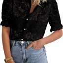 PRETTYGARDEN Womens 2025 Spring Lace Tops Short Puff Sleeve Casual Dressy Blouses Eyelet Crew Neck Button Down Shirts (Large, Black)
