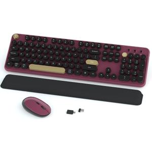 Links9+ Wireless Keyboard and Mouse Combos, Retro Keyboard and Mouse Wireless Full Size, 2.4Ghz Connection and Optical Mouse for Windows, Mac, PC, Laptop for Home and Office (Burgundy-Black)