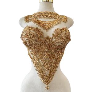 Handmade Rhinestones Applique sew on lace Crystal Sequins Trim Patches Accessories for Dress Clothing Neckline and Chest Decorative Material 2PCS/Set (Champagne)