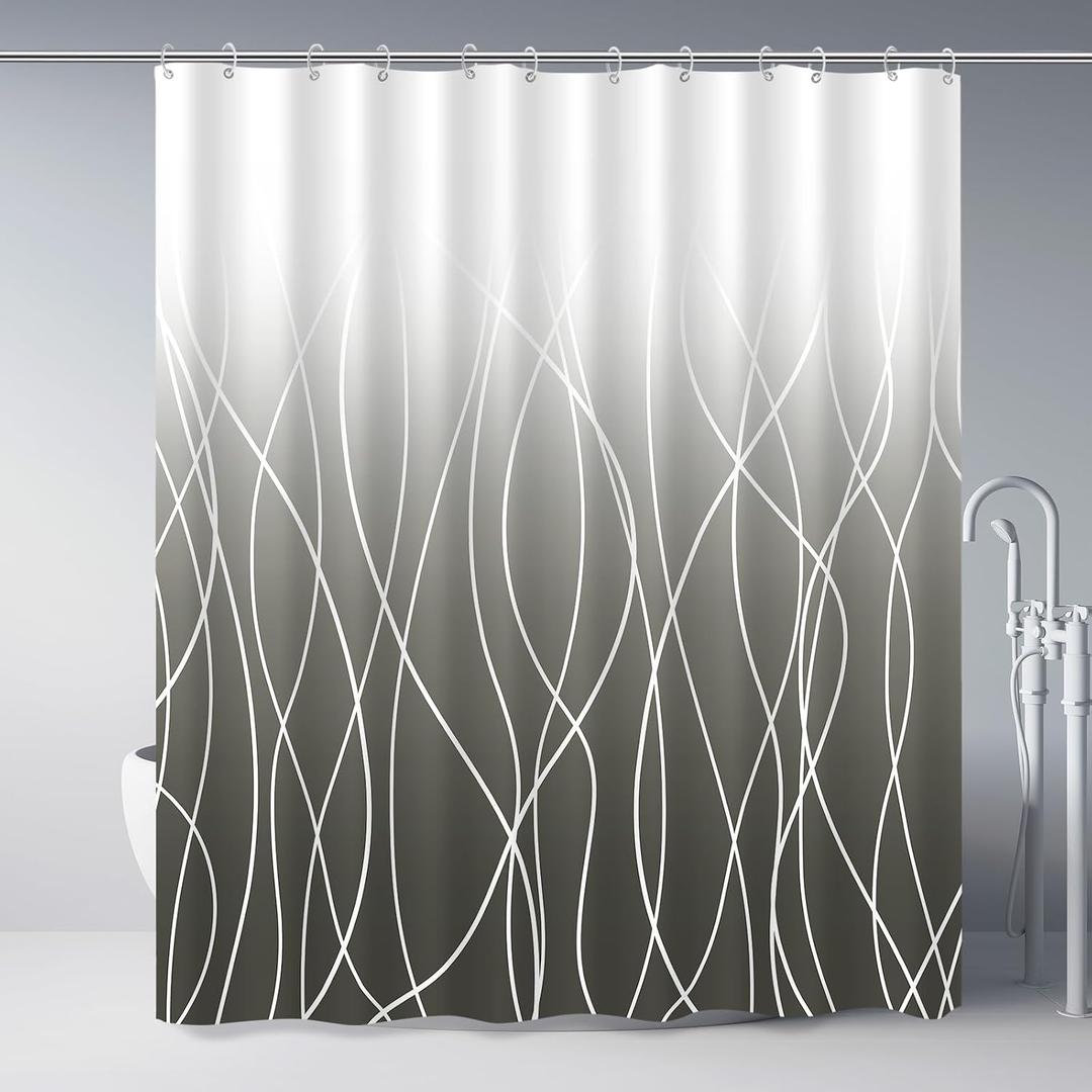 Ombre Dark Grey Striped Polyester Shower Curtain for Bathroom with Hooks, Shower Curtains for Bathroom, Waterproof Bath Accessories Hotel Style - Machine Washable 72 x 72