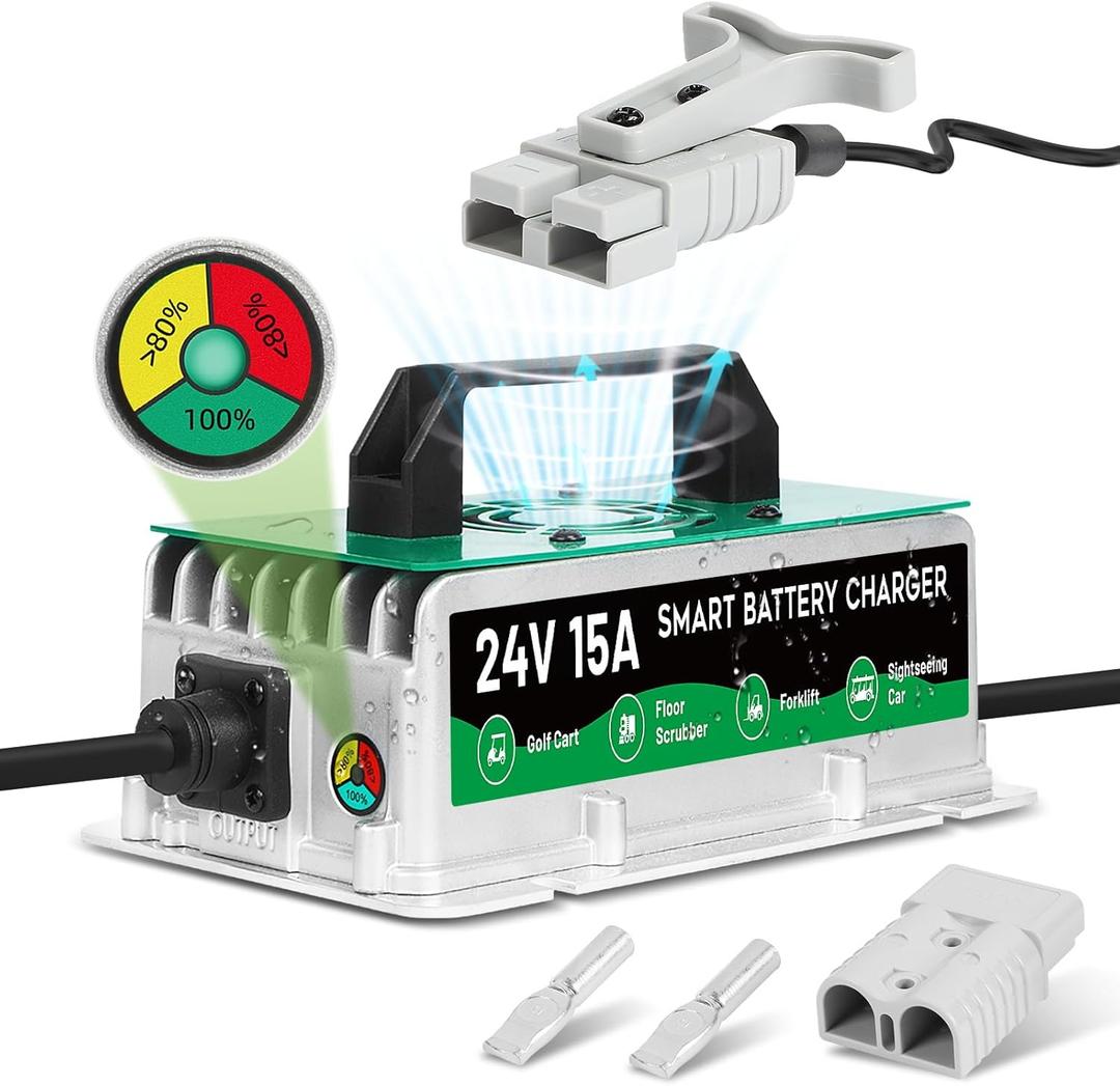 Forklift Battery Charger 24V 15A,IP67 Waterproof 24 Volt Charger, Jack/Floor Scrubber Fully Automatic Smart Charging with 8 Charging Protections, 9.8ft Cable,for Lead-Acid Batteries